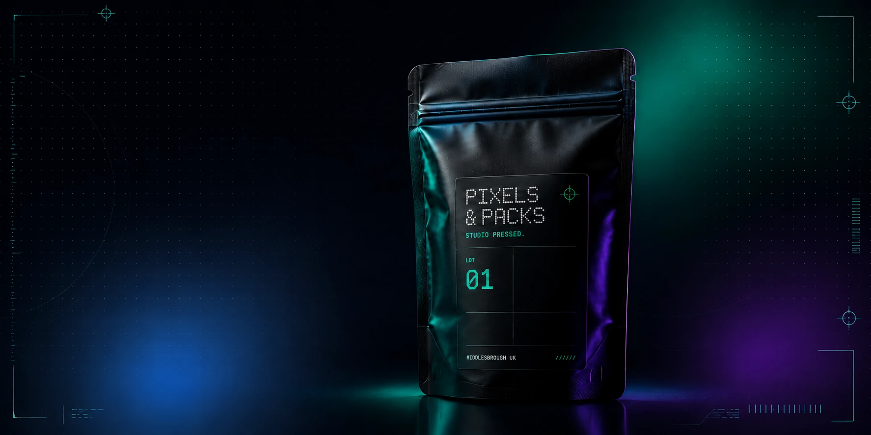Black Pixels and Packs bag lit with cyan and violet studio lighting
