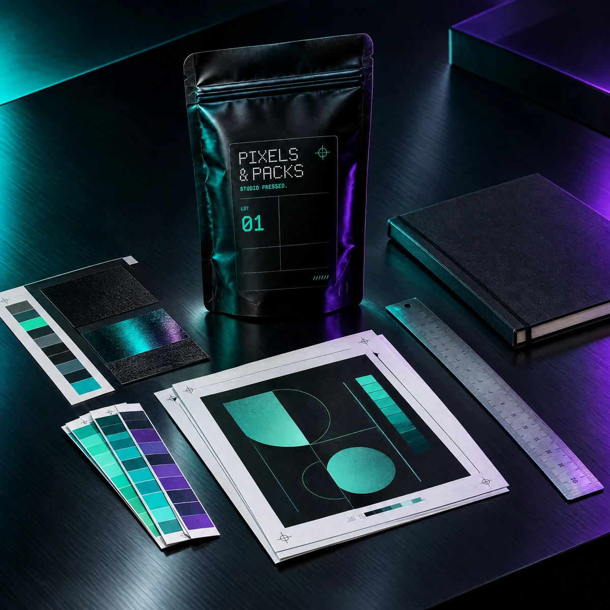 Pixels and Packs packaging with colour proofs and material swatches on a design desk