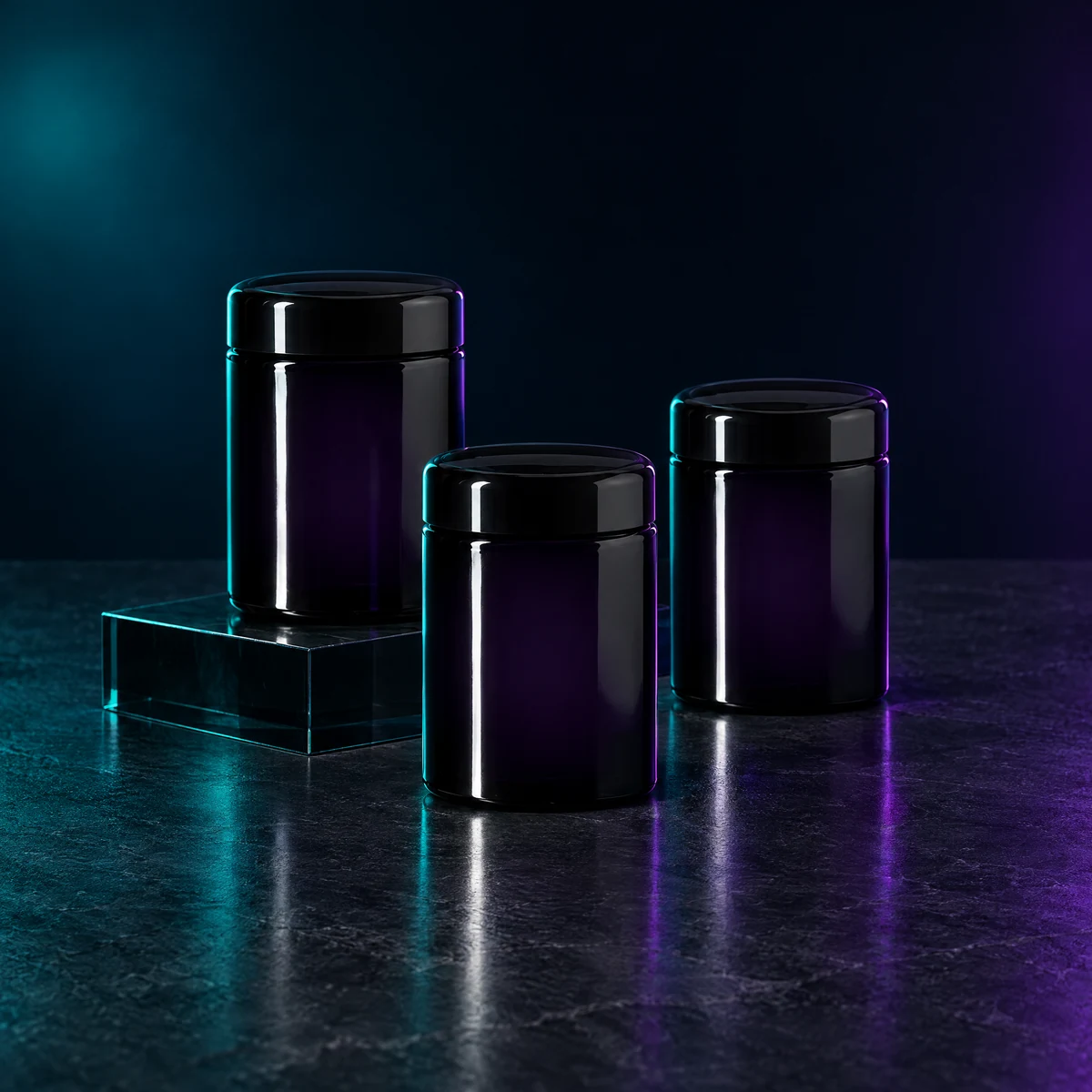 Black packaging jars with cyan and violet reflections
