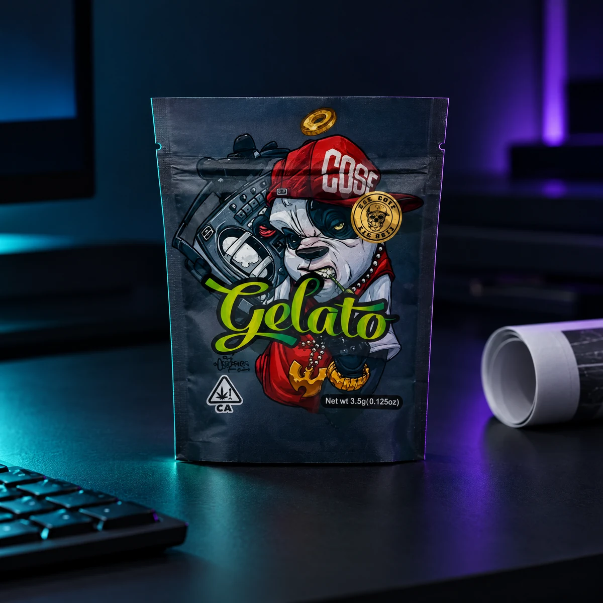 Cool dog Gelato 3.5g Mylar bag in a studio lifestyle setting