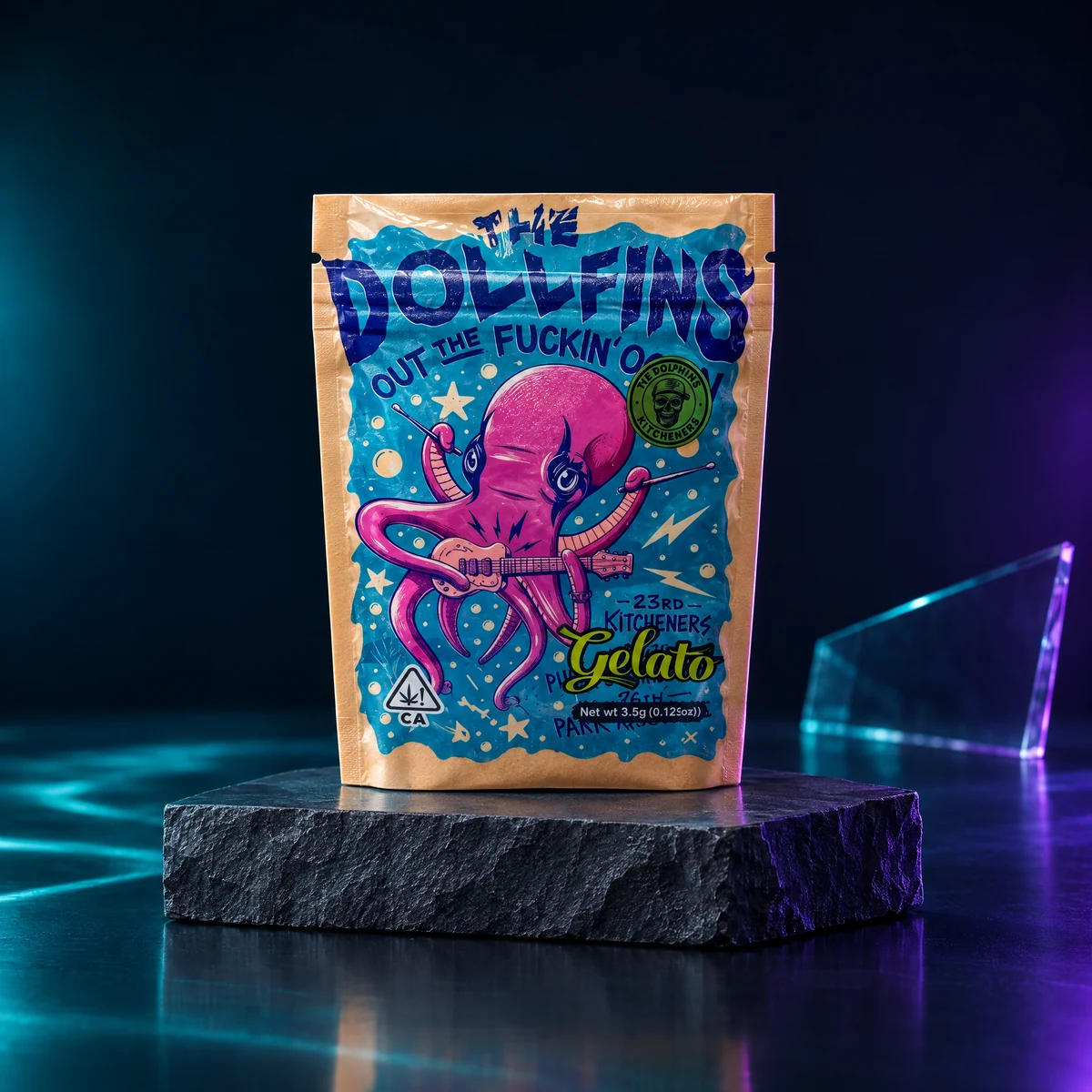 Deep Gelato 3.5g Mylar bag in a studio lifestyle setting