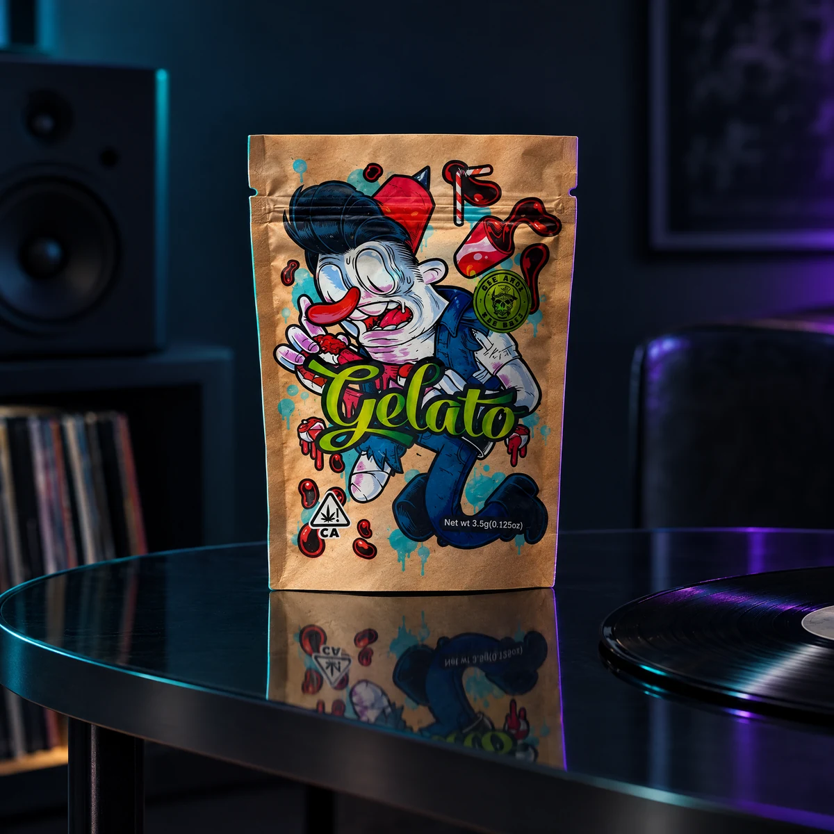 Jazz Gelato 3.5g Mylar bag in a studio lifestyle setting